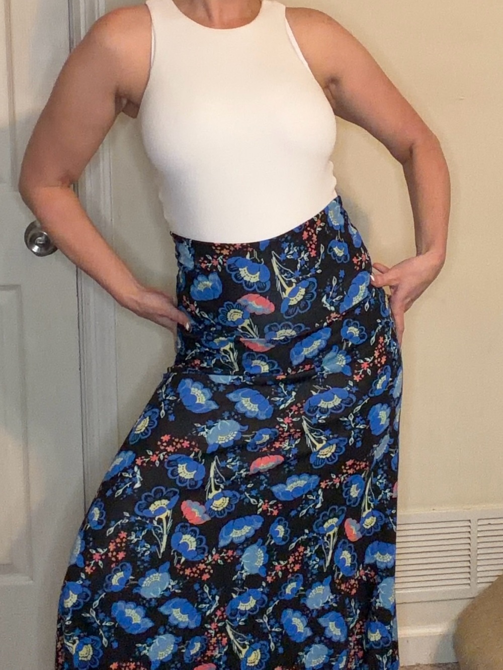 LuLaRoe Black Maxi Skirt with Blue and Pink Floral Print